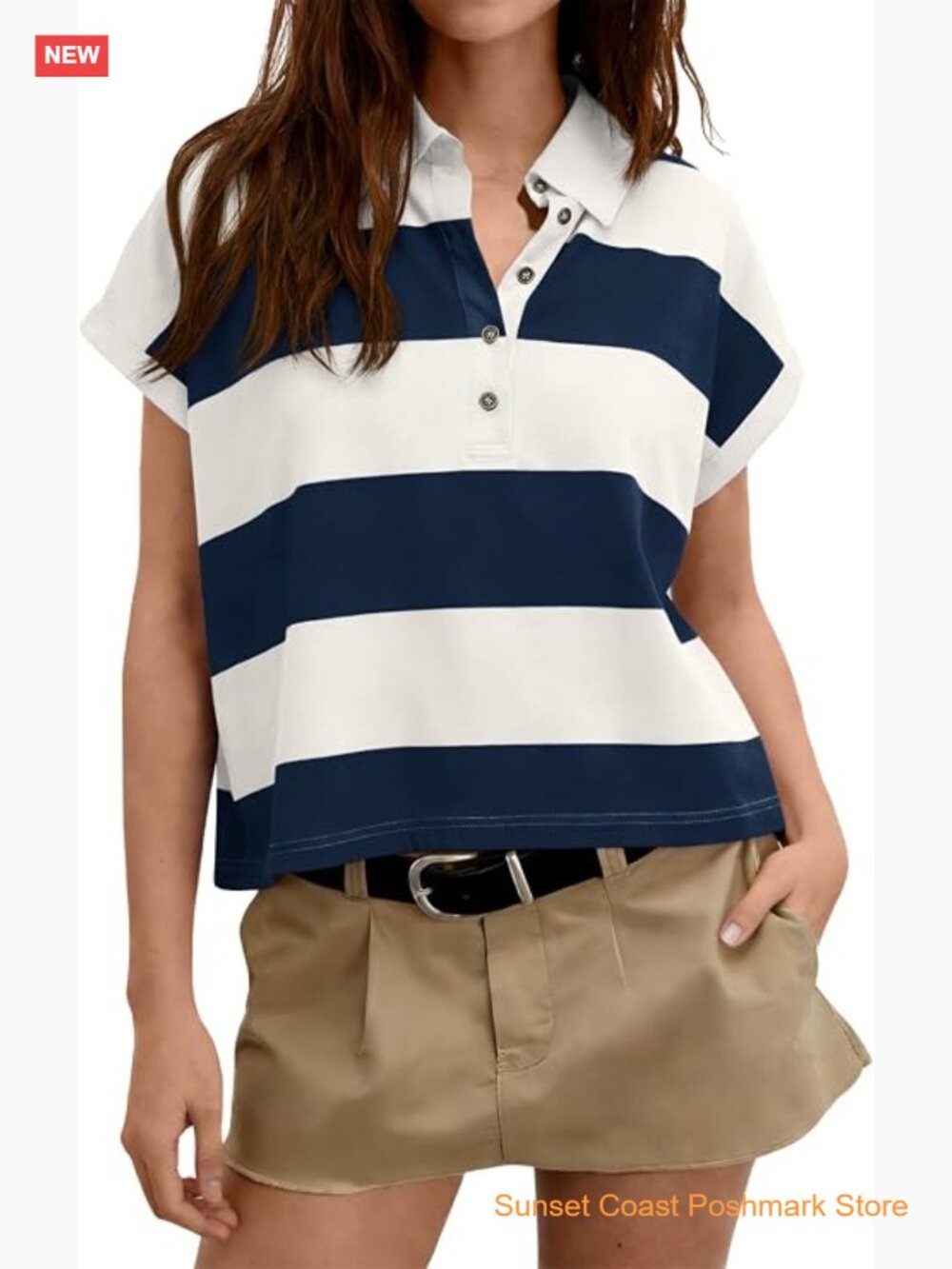 Striped Cotton Blend Polo Shirt Loose Fit Cropped Short Sleeve